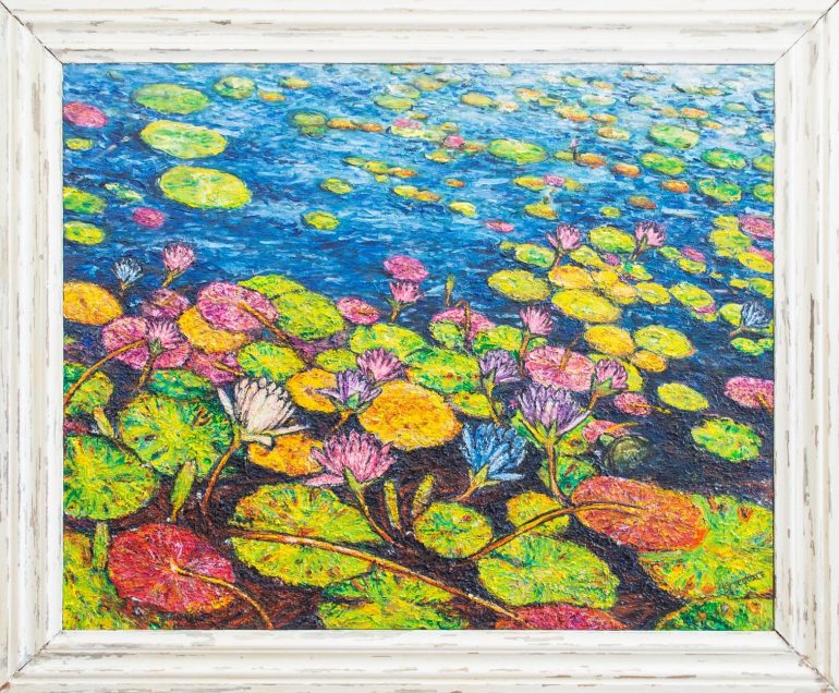 Water Lillies, in oils, "Bright Blue" (framed)
