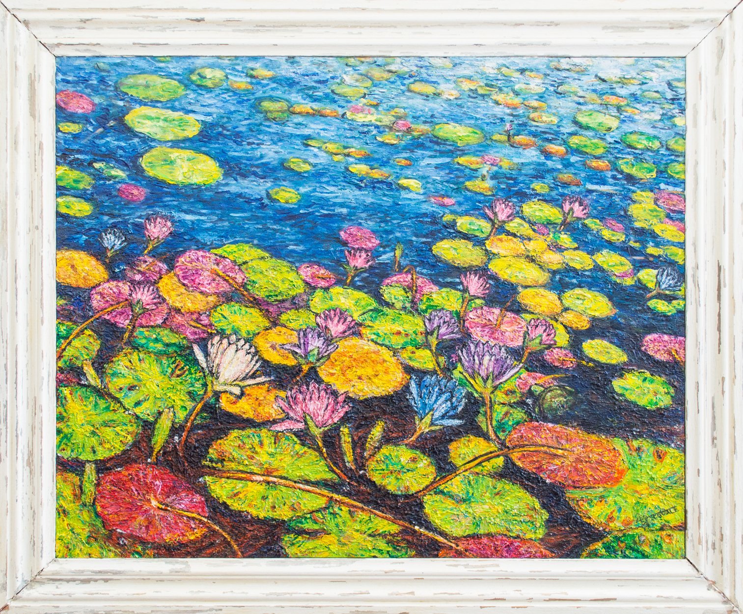 Water Lillies, in oils, "Bright Blue" (framed)