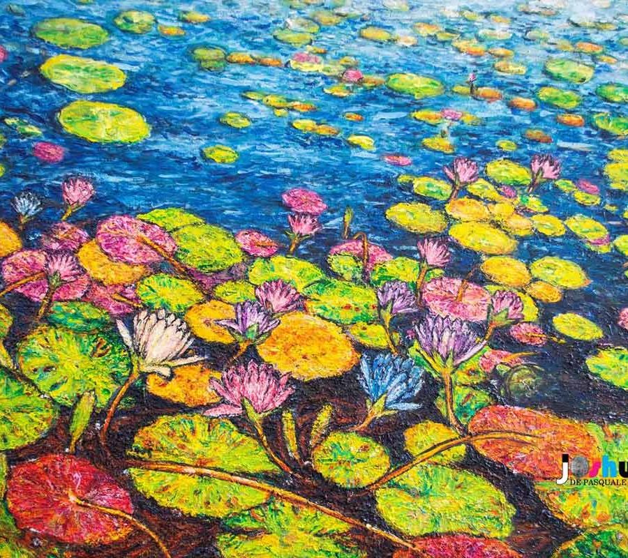 Water Lillies, in oils, "Bright Blue" (framed)