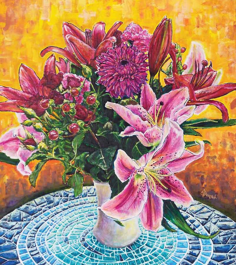 Flowers, mixed media, "Golden Granny Flowers"